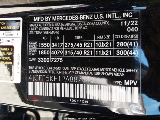 45135523 :رقم المزاد ، 4JGFF5KE1PA887140 vin ، 2023 Mercedes-benz Gls 450 4matic مزاد بيع