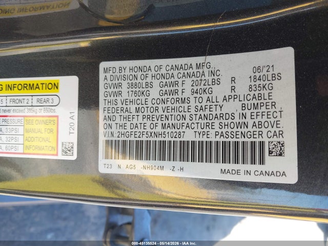 Продажа на аукционе авто 2022 Honda Civic Sport, vin: 2HGFE2F5XNH510287, номер лота: 45135524