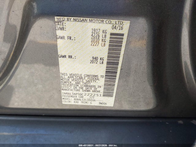 Продаж на аукціоні авто 2016 Nissan Altima 2.5 Sv, vin: 1N4AL3AP5GC222251, номер лоту: 45135531