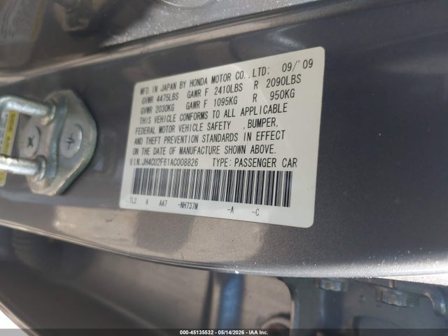 45135532 :رقم المزاد ، JH4CU2F61AC008826 vin ، 2010 Acura Tsx 2.4 مزاد بيع