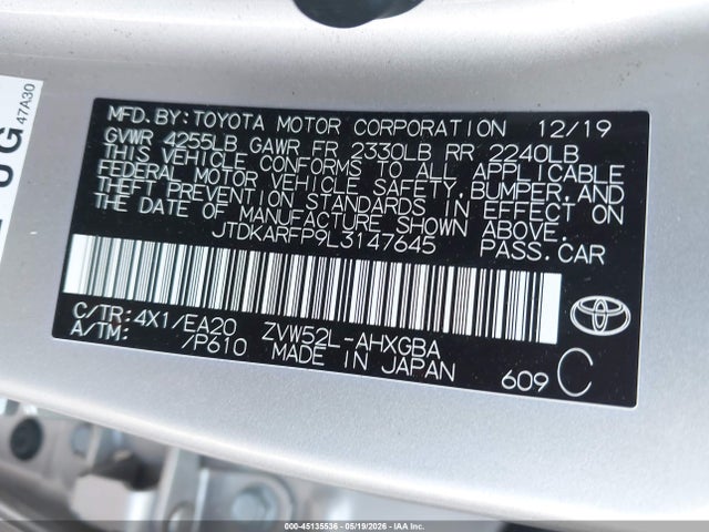45135536 :رقم المزاد ، JTDKARFP9L3147645 vin ، 2020 Toyota Prius Prime Limited مزاد بيع
