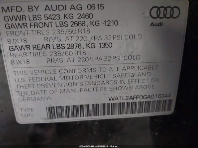 45135546 :رقم المزاد ، WA1L2AFP0GA016344 vin ، 2016 Audi Q5 2.0t Premium مزاد بيع