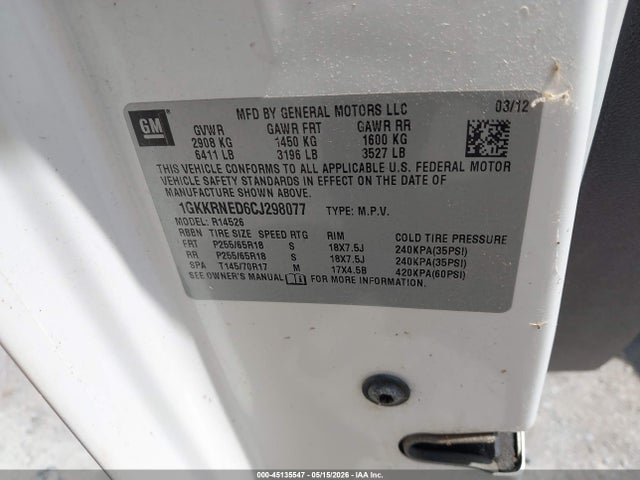 Aukcja sprzedaży 2012 Gmc Acadia Sl, vin: 1GKKRNED6CJ298077, numer aukcji: 45135547