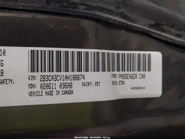 2010 Dodge Charger Sxt მანქანა იყიდება აუქციონზე, vin: 2B3CA3CV1AH188674, აუქციონის ნომერი: 45135560
