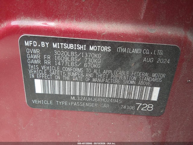Продаж на аукціоні авто 2024 Mitsubishi Mirage Es/le, vin: ML32AUHJ6RH024945, номер лоту: 45135566
