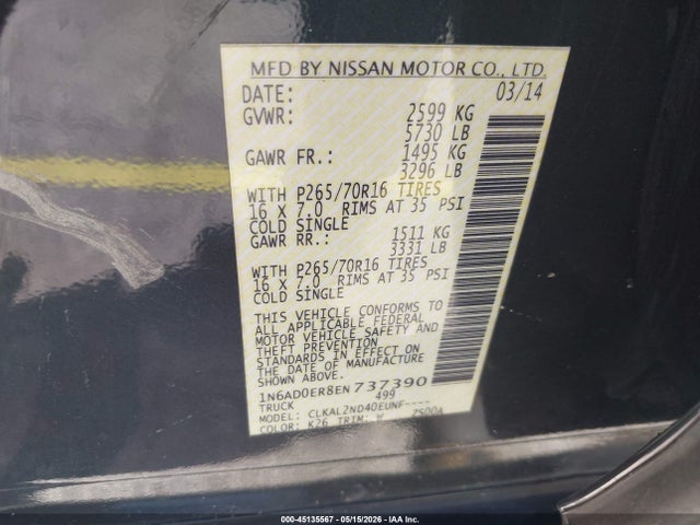 Продаж на аукціоні авто 2014 Nissan Frontier Sv, vin: 1N6AD0ER8EN737390, номер лоту: 45135567