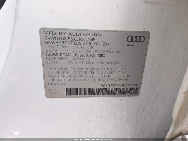 Продаж на аукціоні авто 2015 Audi Q5 Premium Plus, vin: WA1LFAFP4FA036373, номер лоту: 45135569
