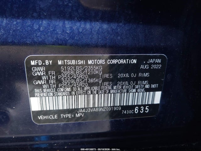 Продажа на аукционе авто 2022 Mitsubishi Outlander Sel 2.5 2wd/sel Special Edition 2wd, vin: JA4J3VA89NZ091909, номер лота: 45135573