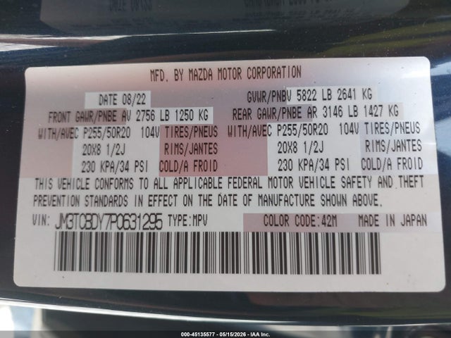 Продаж на аукціоні авто 2023 Mazda Cx-9 Grand Touring, vin: JM3TCBDY7P0631295, номер лоту: 45135577