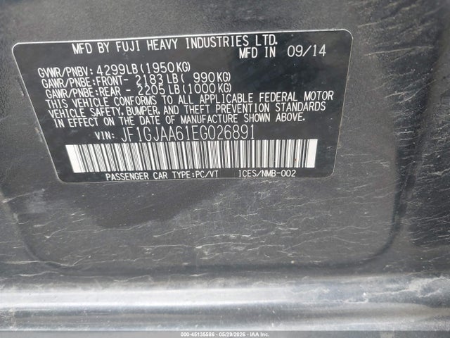2014 Subaru Impreza 2.0i მანქანა იყიდება აუქციონზე, vin: JF1GJAA61EG026891, აუქციონის ნომერი: 45135586