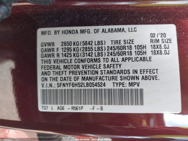 2020 Honda Pilot Ex-l მანქანა იყიდება აუქციონზე, vin: 5FNYF6H52LB054524, აუქციონის ნომერი: 45135585