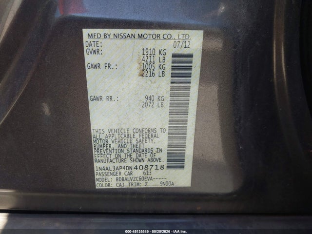 Продажа на аукционе авто 2013 Nissan Altima 2.5 Sl, vin: 1N4AL3AP4DN408718, номер лота: 45135589