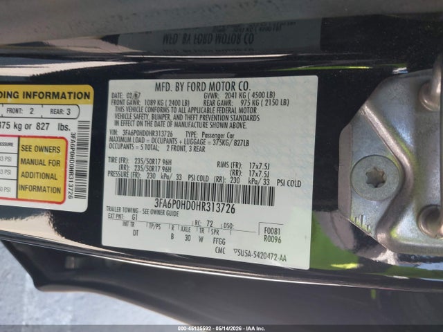 Aukcja sprzedaży 2017 Ford Fusion Se, vin: 3FA6P0HD0HR313726, numer aukcji: 45135592