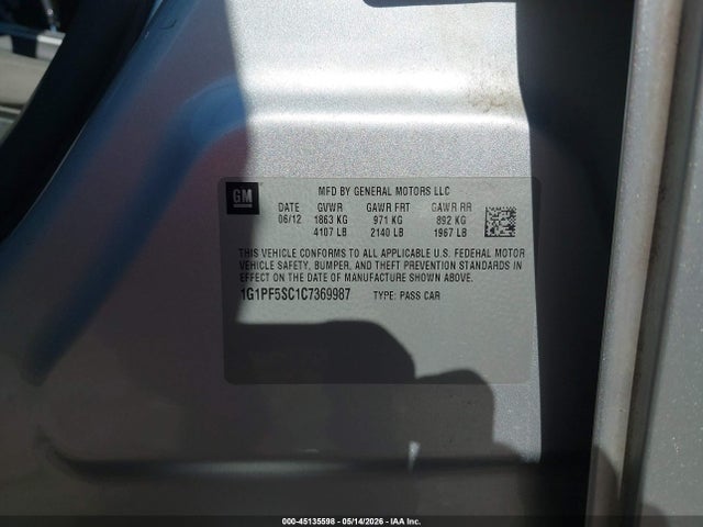 2012 Chevrolet Cruze 1lt მანქანა იყიდება აუქციონზე, vin: 1G1PF5SC1C7369987, აუქციონის ნომერი: 45135598