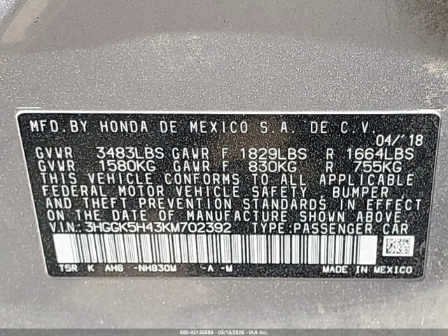 3HGGK5H43KM702392 Honda FIT LX