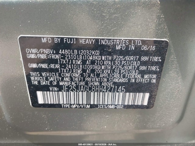 Aukcja sprzedaży 2017 Subaru Forester 2.5i Premium, vin: JF2SJAGC8HH427145, numer aukcji: 45135621