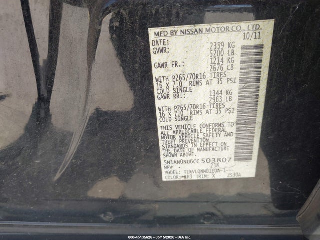 2012 Nissan Xterra X მანქანა იყიდება აუქციონზე, vin: 5N1AN0NU6CC503807, აუქციონის ნომერი: 45135626