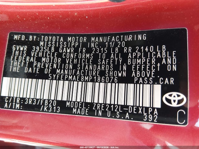Toyota COROLLA LE 2021 5YFEPMAE8MP186076 Image 9