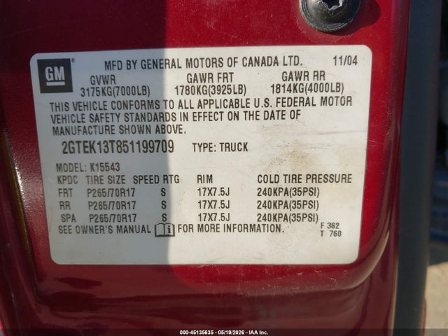 Продажа на аукционе авто 2005 Gmc Sierra 1500 Sle, vin: 2GTEK13T851199709, номер лота: 45135635
