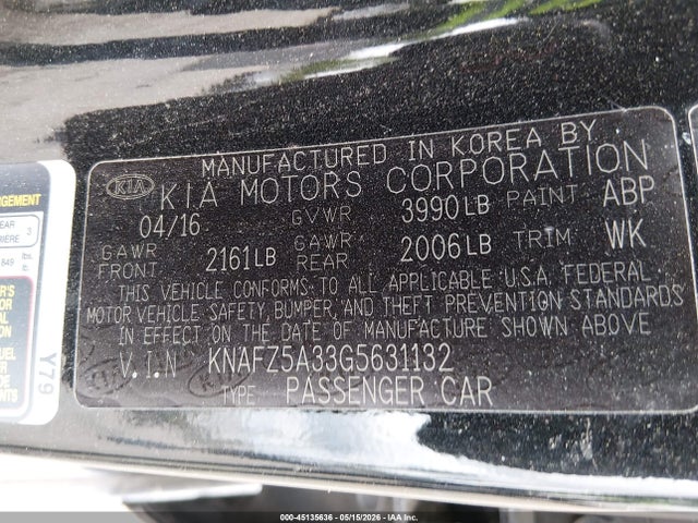 45135636 :رقم المزاد ، KNAFZ5A33G5631132 vin ، 2016 Kia Forte Sx مزاد بيع