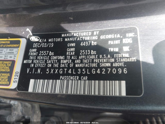 Aukcja sprzedaży 2020 Kia Optima Lx, vin: 5XXGT4L35LG427096, numer aukcji: 45135644