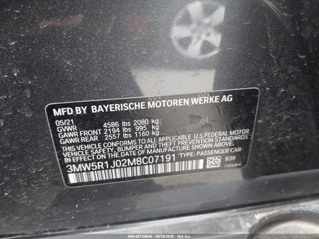 45135646 :رقم المزاد ، 3MW5R1J02M8C07191 vin ، 2021 Bmw 3 Series 330i مزاد بيع