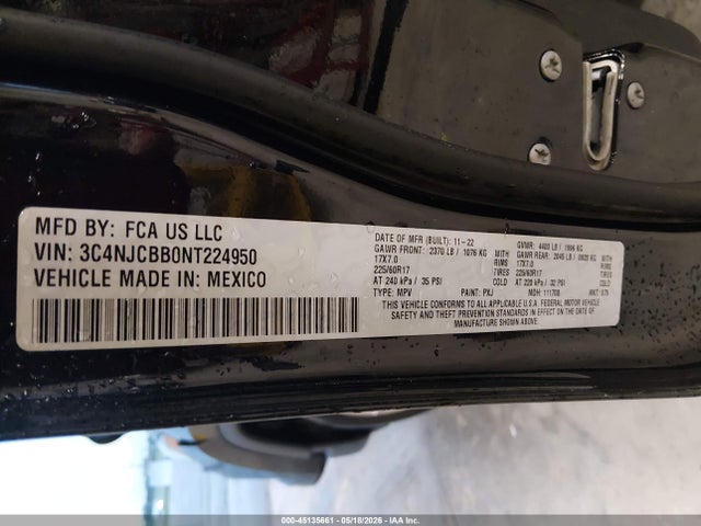2022 Jeep Compass Latitude Fwd მანქანა იყიდება აუქციონზე, vin: 3C4NJCBB0NT224950, აუქციონის ნომერი: 45135661