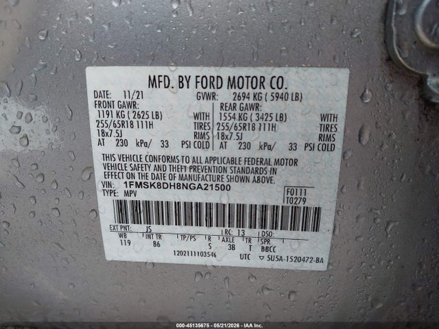 Aukcja sprzedaży 2022 Ford Explorer Xlt, vin: 1FMSK8DH8NGA21500, numer aukcji: 45135675