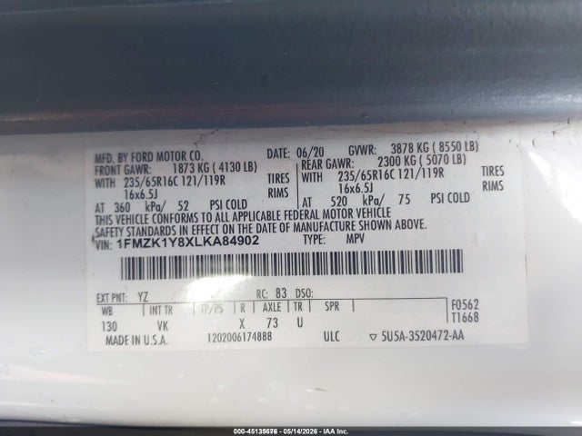 45135676 :رقم المزاد ، 1FMZK1Y8XLKA84902 vin ، 2020 Ford Transit-150 Passenger Van Xl مزاد بيع