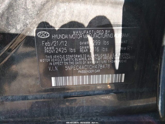 Продажа на аукционе авто 2012 Hyundai Sonata Se, vin: 5NPEC4AC1CH478478, номер лота: 45135678