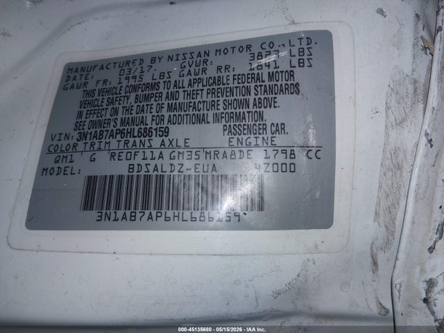 Aukcja sprzedaży 2017 Nissan Sentra Sv, vin: 3N1AB7AP6HL686159, numer aukcji: 45135680