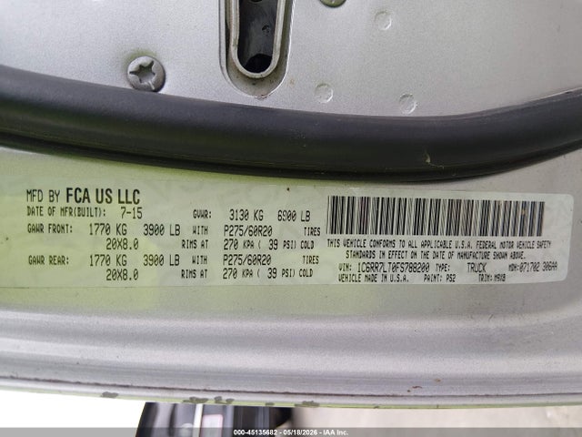 45135682 :رقم المزاد ، 1C6RR7LT0FS788200 vin ، 2015 Ram 1500 Lone Star مزاد بيع