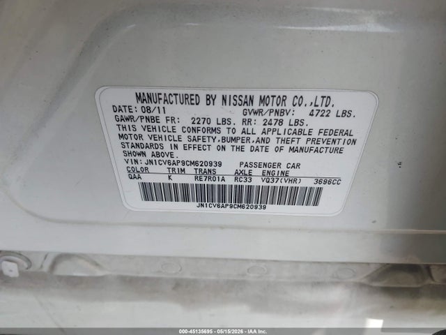 Продажа на аукционе авто 2012 Infiniti G37 Journey, vin: JN1CV6AP9CM620939, номер лота: 45135695