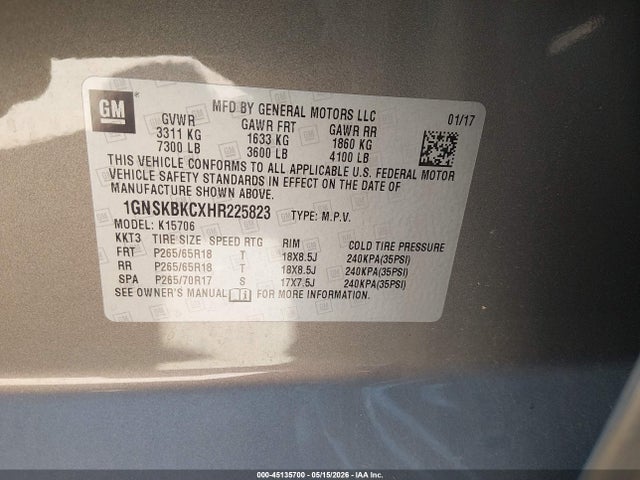 Продаж на аукціоні авто 2017 Chevrolet Tahoe Lt, vin: 1GNSKBKCXHR225823, номер лоту: 45135700