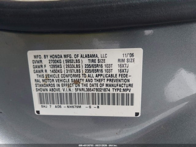Aukcja sprzedaży 2007 Honda Odyssey Ex-l, vin: 5FNRL38647B021874, numer aukcji: 45135703