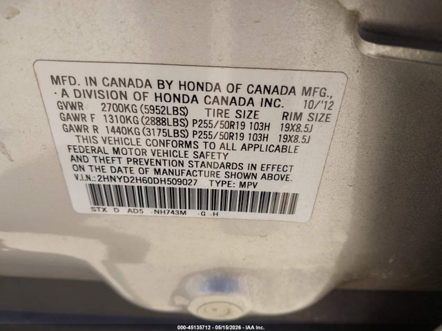 Aukcja sprzedaży 2013 Acura Mdx Advance Package, vin: 2HNYD2H60DH509027, numer aukcji: 45135712
