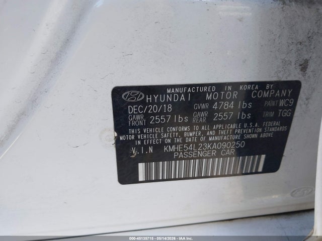 Продаж на аукціоні авто 2019 Hyundai Sonata Plug-in Hybrid Limited, vin: KMHE54L23KA090250, номер лоту: 45135715