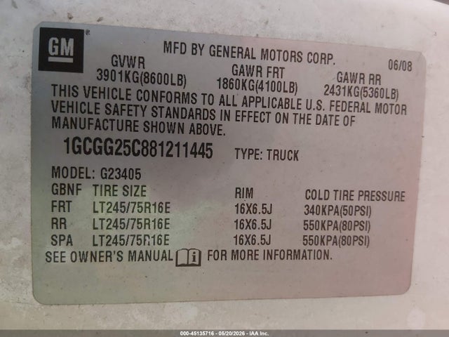 Продажа на аукционе авто 2008 Chevrolet Express Work Van, vin: 1GCGG25C881211445, номер лота: 45135716