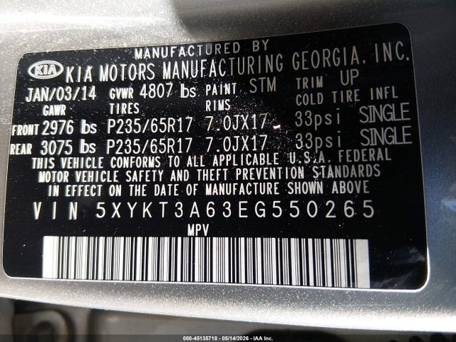45135718 :رقم المزاد ، 5XYKT3A63EG550265 vin ، 2014 Kia Sorento Lx مزاد بيع