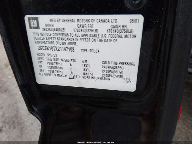 Продаж на аукціоні авто 2002 Chevrolet Silverado 1500 Ls, vin: 2GCEK19TX21147193, номер лоту: 45135720
