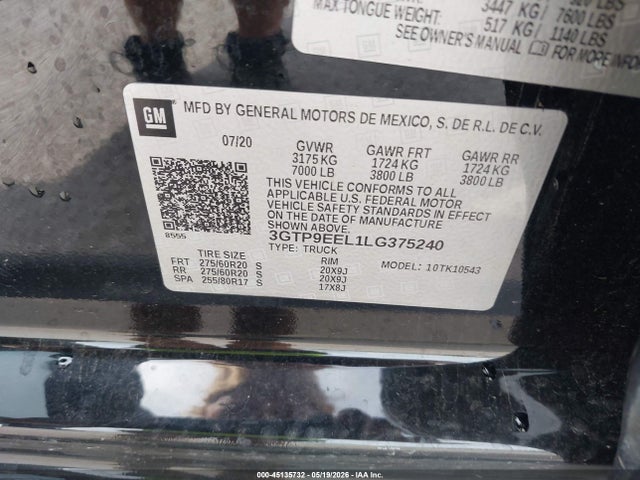 Aukcja sprzedaży 2020 Gmc Sierra 1500 4wd  Short Box At4, vin: 3GTP9EEL1LG375240, numer aukcji: 45135732