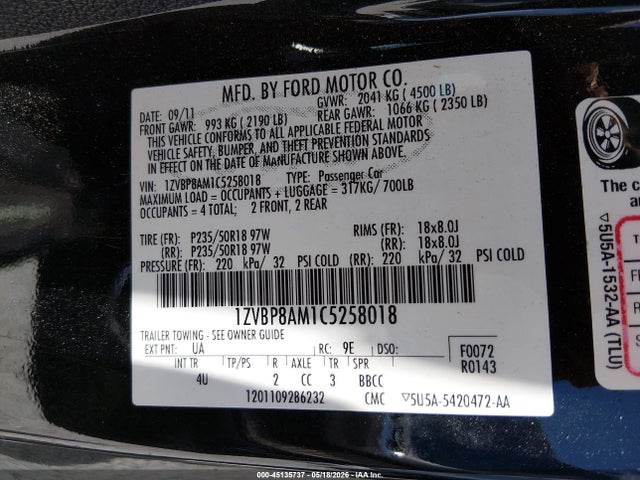 Aukcja sprzedaży 2012 Ford Mustang V6 Premium, vin: 1ZVBP8AM1C5258018, numer aukcji: 45135737