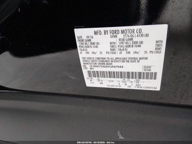 Aukcja sprzedaży 2017 Ford Explorer Xlt, vin: 1FM5K7D82HGA87844, numer aukcji: 45135746