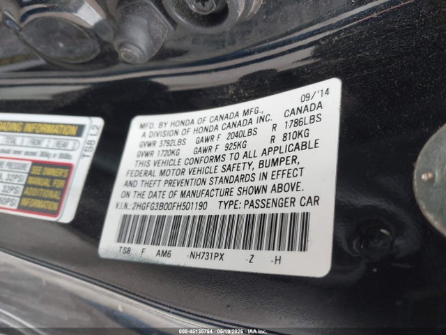 Aukcja sprzedaży 2015 Honda Civic Ex-l, vin: 2HGFG3B00FH501190, numer aukcji: 45135754
