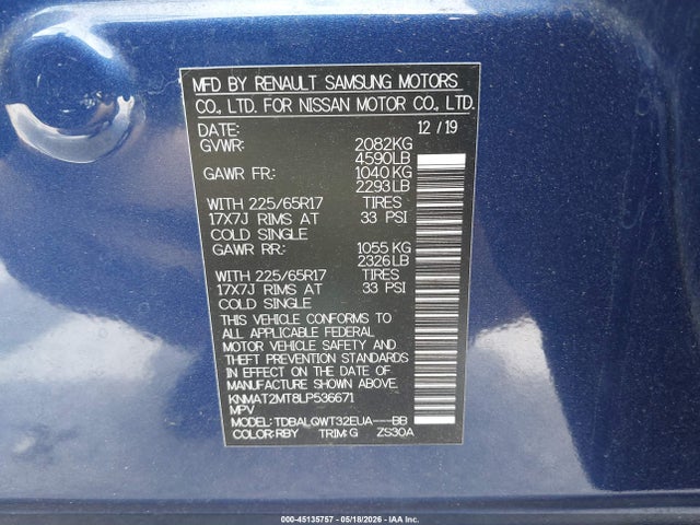 45135757 :رقم المزاد ، KNMAT2MT8LP536671 vin ، 2020 Nissan Rogue Sv Fwd مزاد بيع