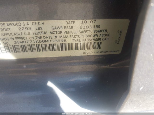 Aukcja sprzedaży 2008 Volkswagen Jetta Se/sel, vin: 3VWRZ71K58M058598, numer aukcji: 45135759