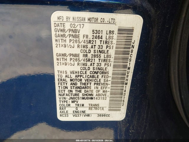 45135774 :رقم المزاد ، JN8CS1MU8HM143152 vin ، 2017 Infiniti Qx70 مزاد بيع