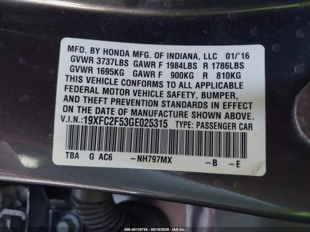 Honda Civic Lx 2016 19XFC2F53GE025315 Image 9