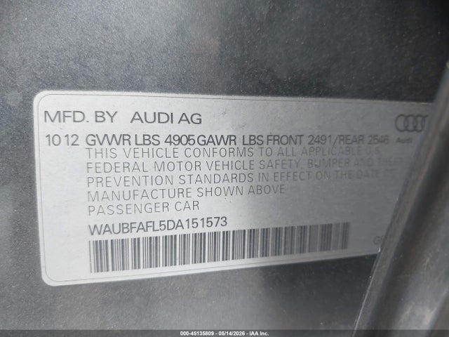 Продажа на аукционе авто 2013 Audi A4 2.0t Premium, vin: WAUBFAFL5DA151573, номер лота: 45135809