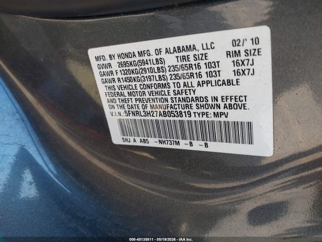 Продажа на аукционе авто 2010 Honda Odyssey Lx, vin: 5FNRL3H27AB053819, номер лота: 45135811